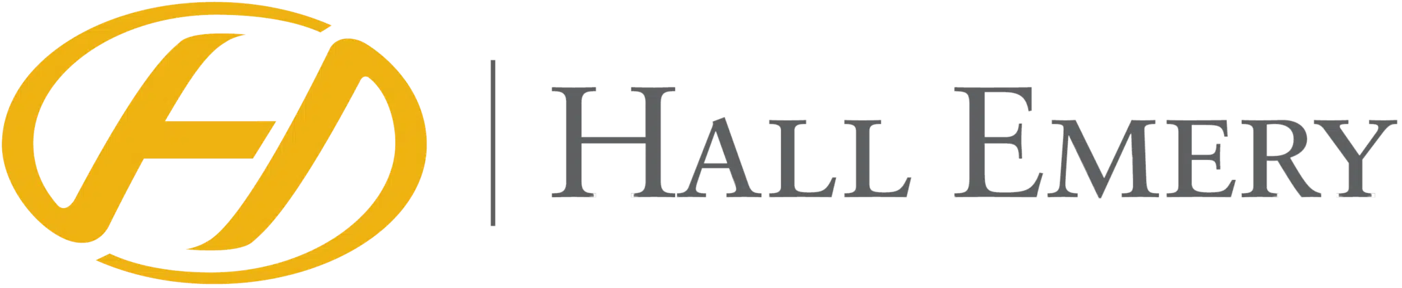 Logo with a gold and white stylized "H" encircled on the left, separated by a vertical line from the text "Hall Emery" in gray.