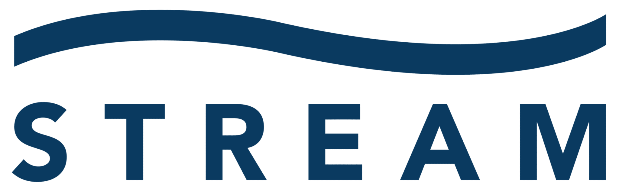 The image shows the word "STREAM" in capital letters with a blue wavy line above it.